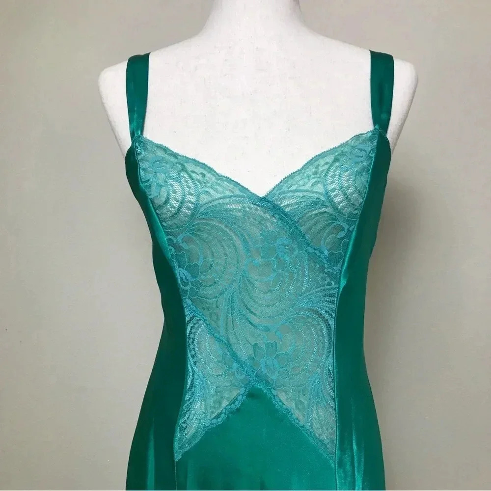 Victoria’s Secret VINTAGE GOLD LABEL Satin Lace Maxi Slip Dress Size Small Green - Picture 2 of 16